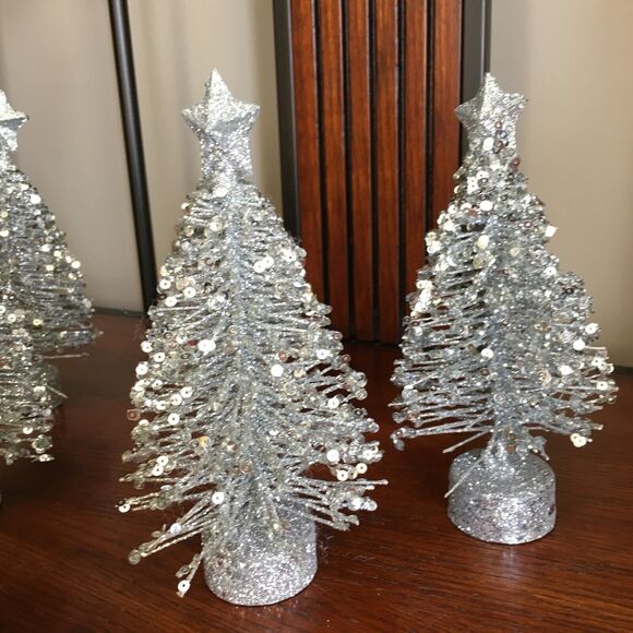 6 Silver Glitter Tabletop Decor Star Topped Bottle Brush Christmas Trees - Picture 5 of 16